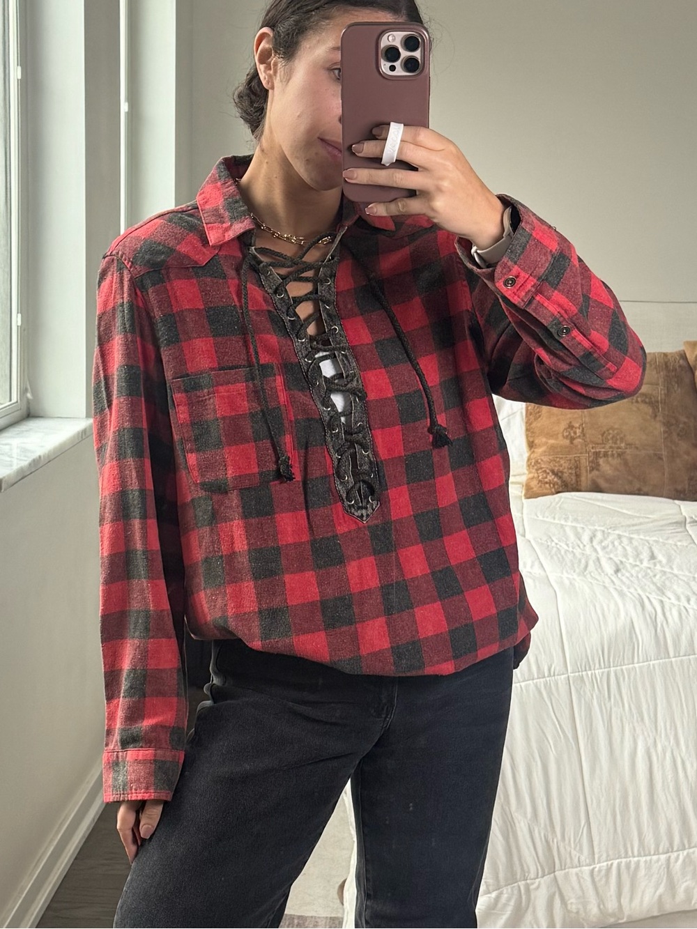 Vintage Havana Red and Black Plaid Lace-Up Button-Down Shirt